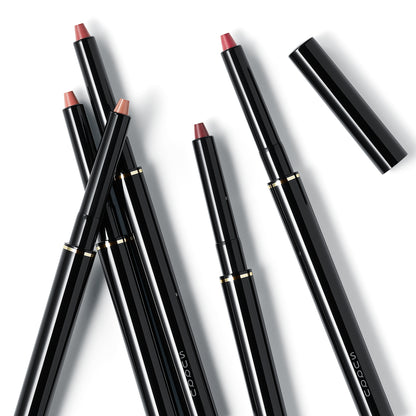 Five shades of SUQQU Lip Defining Pencil product on plain background with cap.
