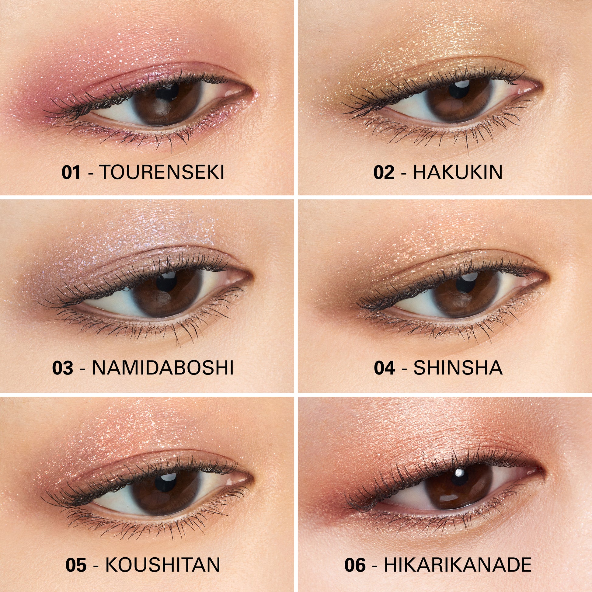 Six SUQQU Liquid Luster Eyes eyeshadow colour swatches with model eye close ups. 01 Tourenseki, 2 Hakukin, 03 Namidaboshi, 04 Shinsha, 05 Koushitan, 06 Hikarikanade.