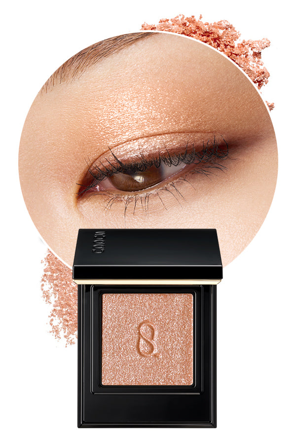 Mono Look Eyes L-01 the best single colour eyeshadow range from SUQQU. A beautiful eyeshadow palette in sparkling silver brown glitter colour is shown with model eye wear closeup and swatch colour, displaying the creamy seamless finish and luxury texture.