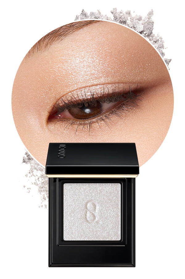 Mono Look Eyes L-02 the best single colour eyeshadow range from SUQQU. A beautiful eyeshadow palette in sparkling pink silver glitter colour is shown with model eye wear closeup and swatch colour, displaying the creamy seamless finish and luxury texture.