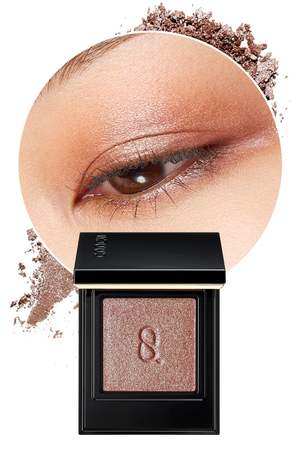 Mono Look Eyes P-02 the best single colour eyeshadow range from SUQQU. A beautiful colour shifting eyeshadow palette in prismatic green and pink brown colour is shown with model eye wear closeup and swatch colour, displaying the creamy seamless finish and luxury texture.