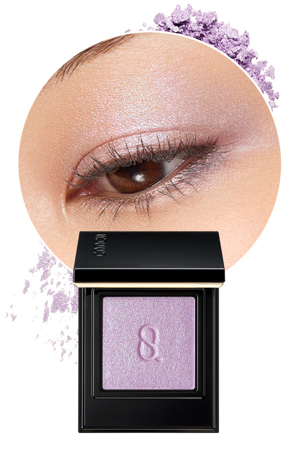 Mono Look Eyes P-03 the best single colour eyeshadow range from SUQQU. A beautiful colour shifting eyeshadow palette in prismatic blue and purple colour is shown with model eye wear closeup and swatch colour, displaying the creamy seamless finish and luxury texture.