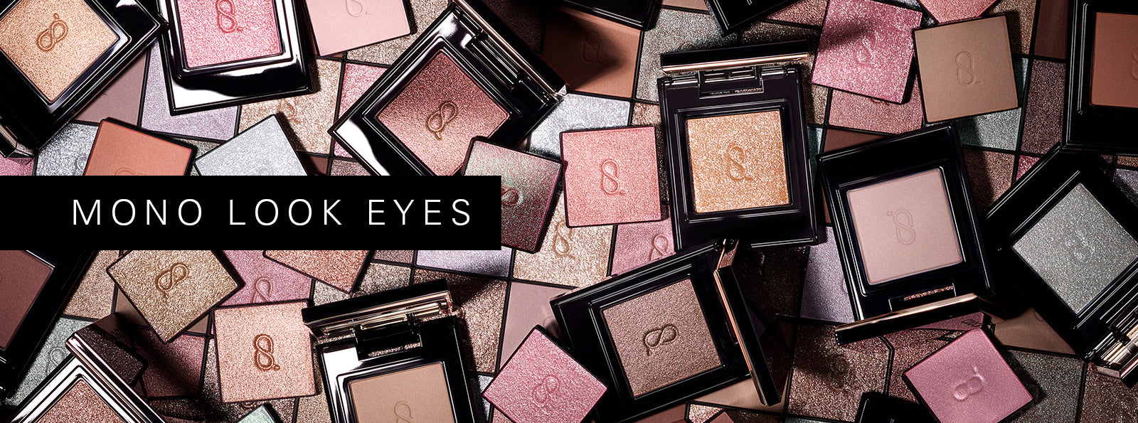 SUQQU Mono Look Eyes multicolor collage of single colour eyeshadow palettes open on a colourful background.