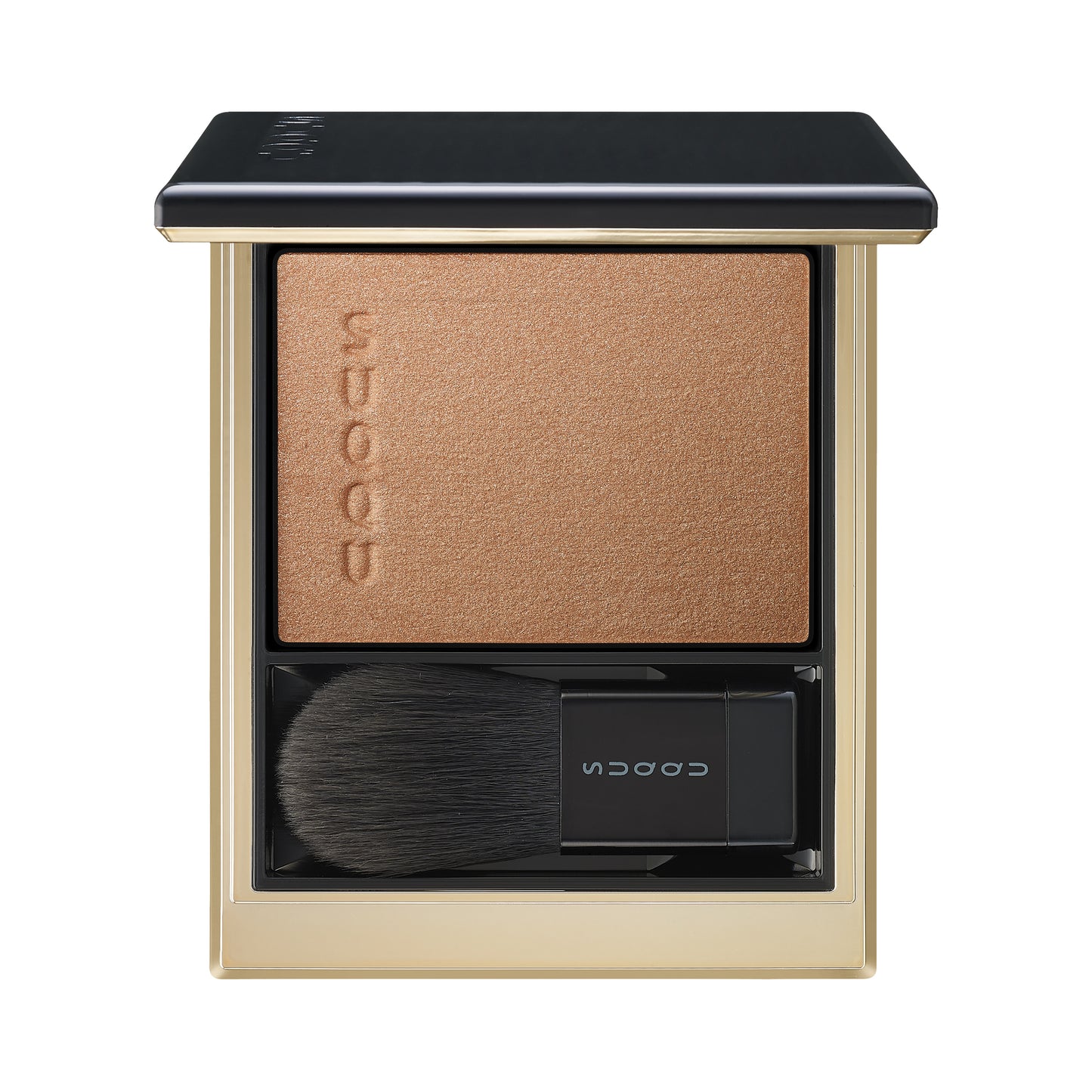 SUQQU Melting Powder Blush 102 brown gold make up product palette open on plain background.