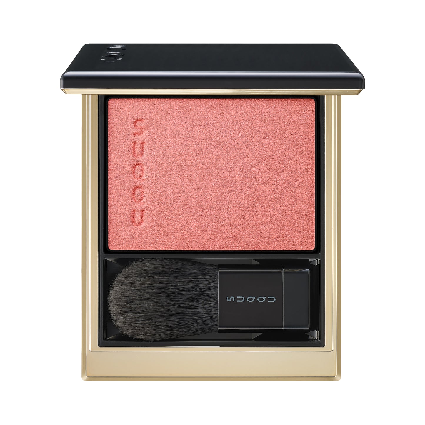 SUQQU Melting Powder Blush 103 deep coral make up product palette open on plain background.