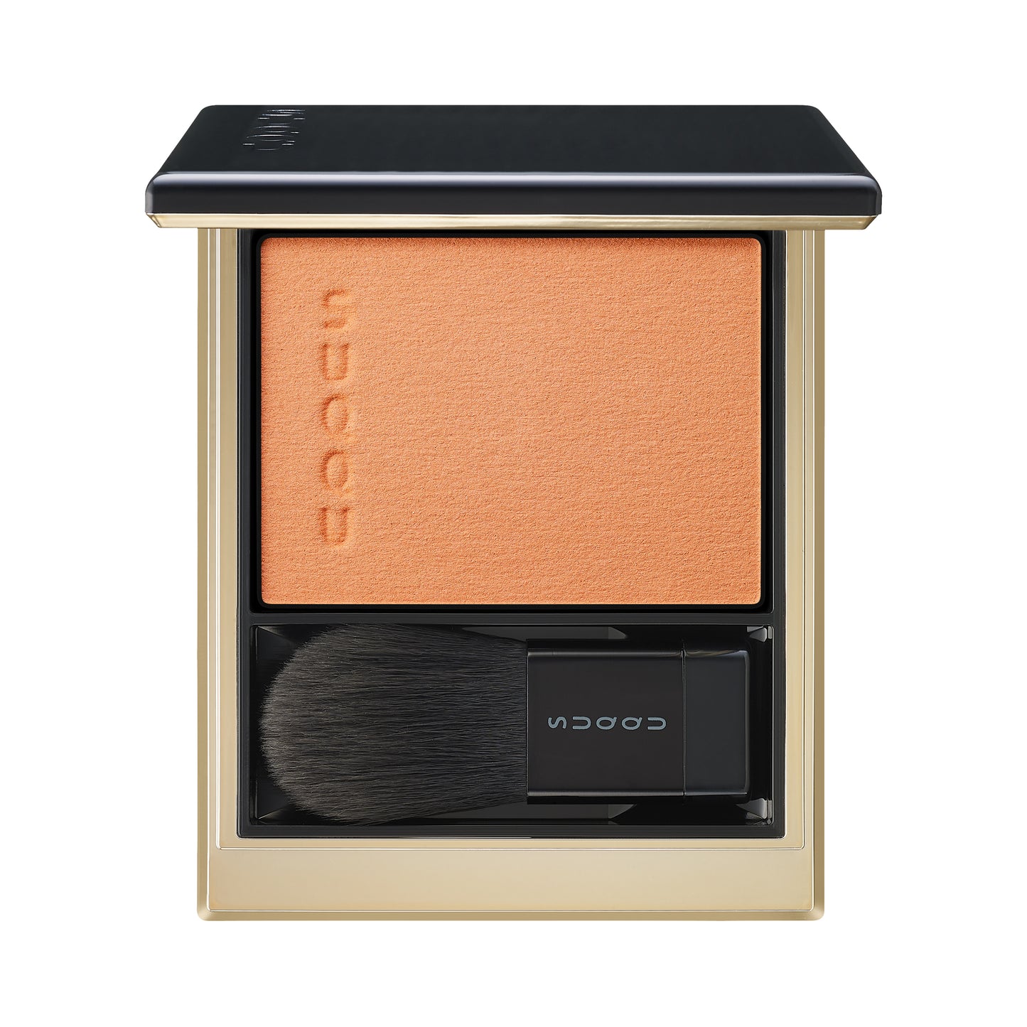 SUQQU Melting Powder Blush 104 smoky orange make up product palette open on plain background.