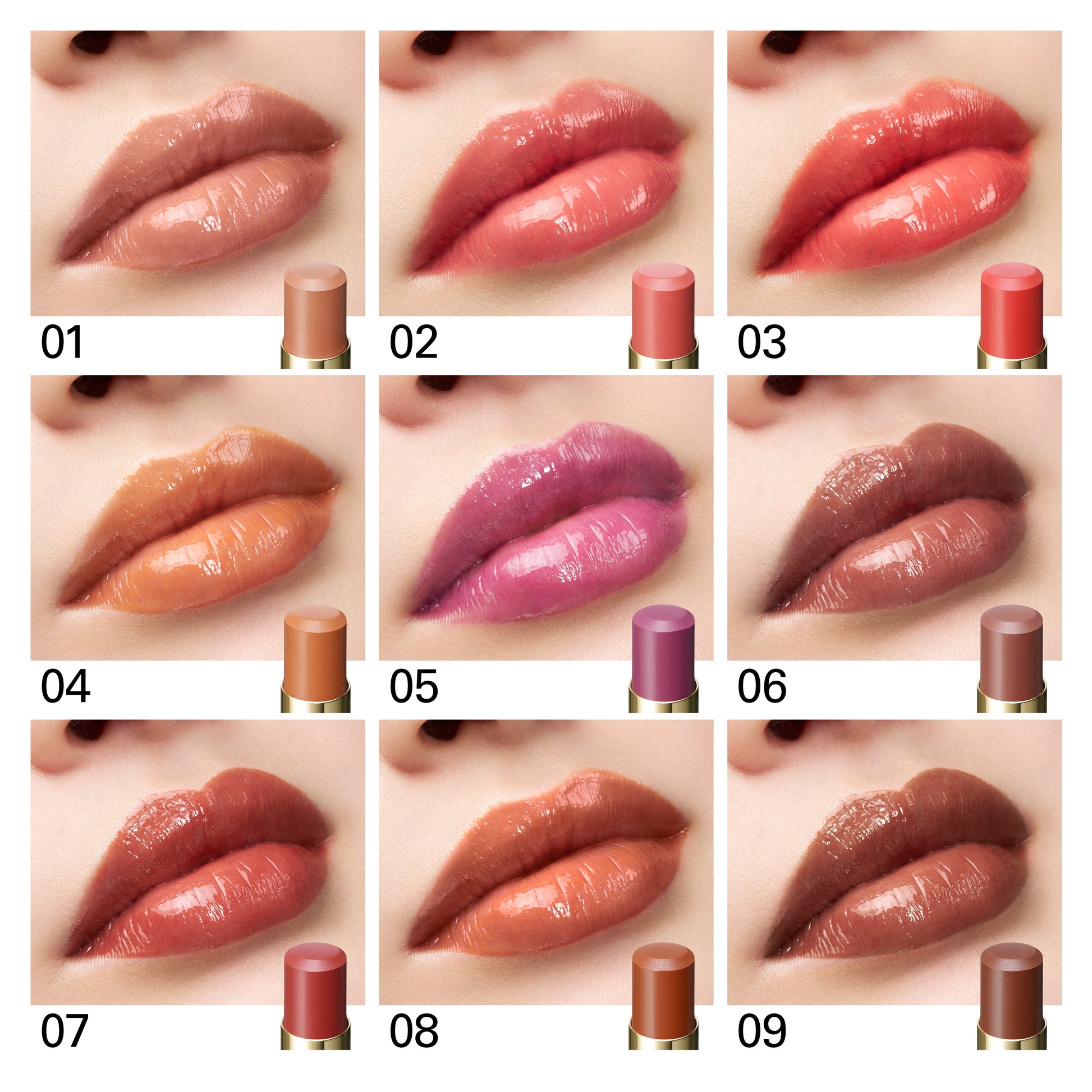 SUQQU Moisture Glaze Lipstick colour lip guide shades 01 to 09.