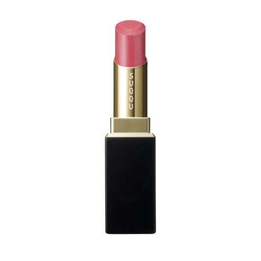 SUQQU Moisture Glaze Lipstick 110 pink shimmer colour with lid off.