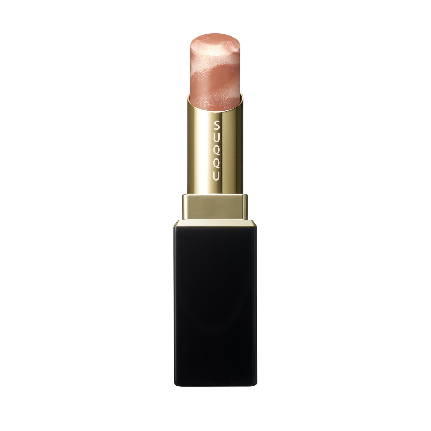 SUQQU Moisture Glaze Lipstick 112 in beige orange, open cap with refill shown in case.