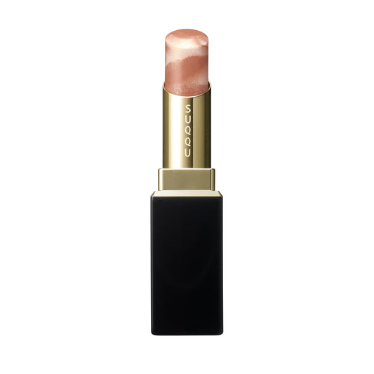 SUQQU Moisture Glaze Lipstick 112 in beige orange, open cap with refill shown in case.