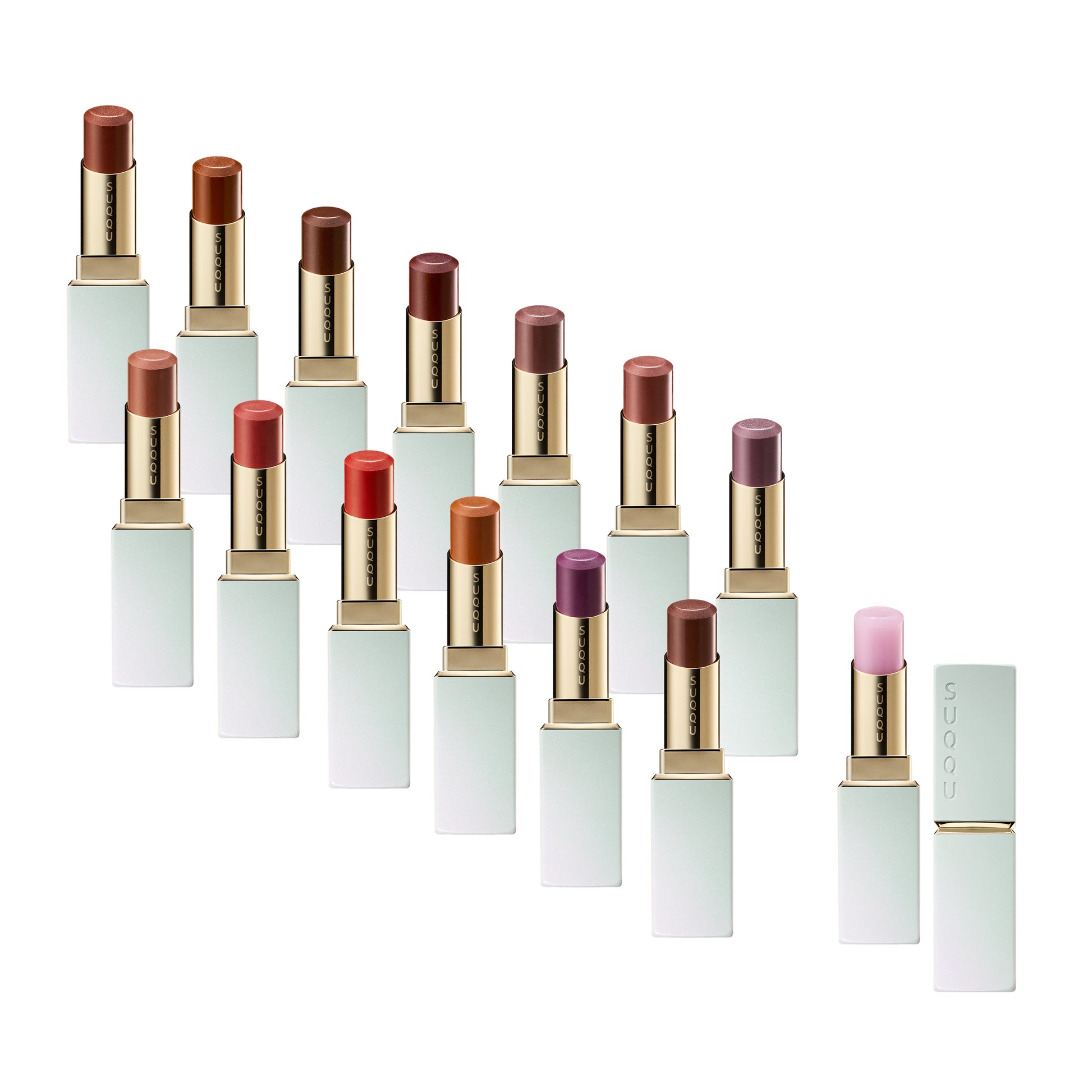 SUQQU Moisture Glaze Lipstick refill range of 14 colours in Moisture Glaze Lipstick Case e with cap open.