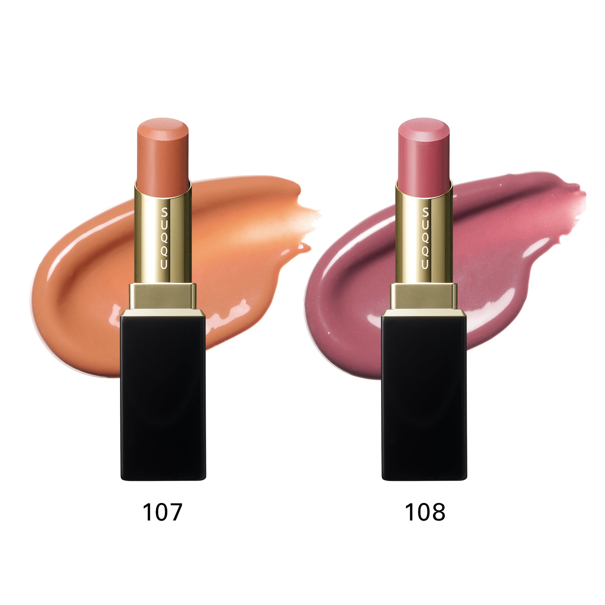SUQQU Moisture Glaze Lipstick 107 and 108 with texture colour swatch background
