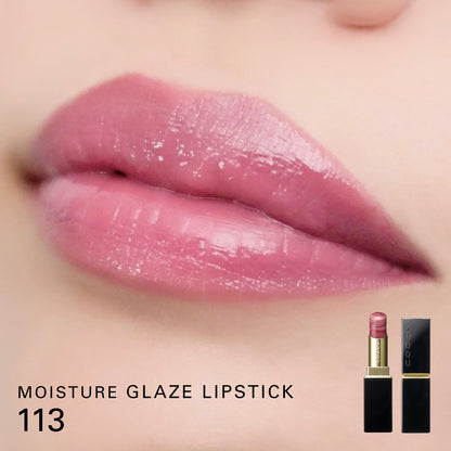SUQQU Moisture Glaze Lipstick 113 with open lipstick with case and lip focus close up to show colour wear on model.
