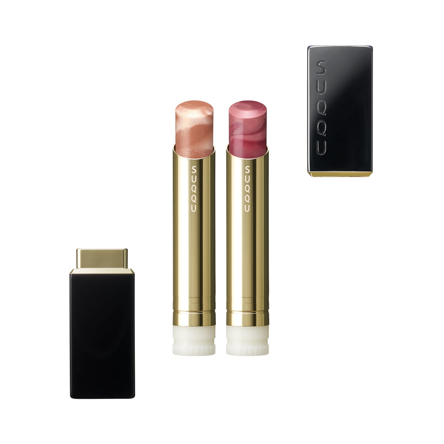 Two SUQQU Moisture Glaze Lipstick refills with case and cap separated.