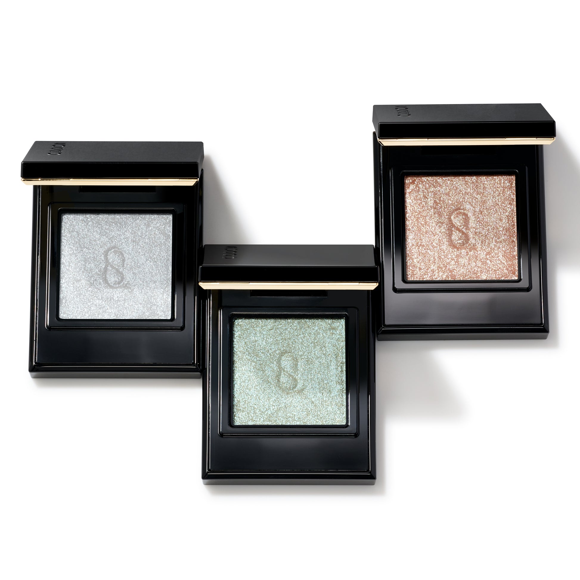 SUQQU Mono Look Eyes L-102 L-103 and L-104 single colour glitter eyeshadows with lids open