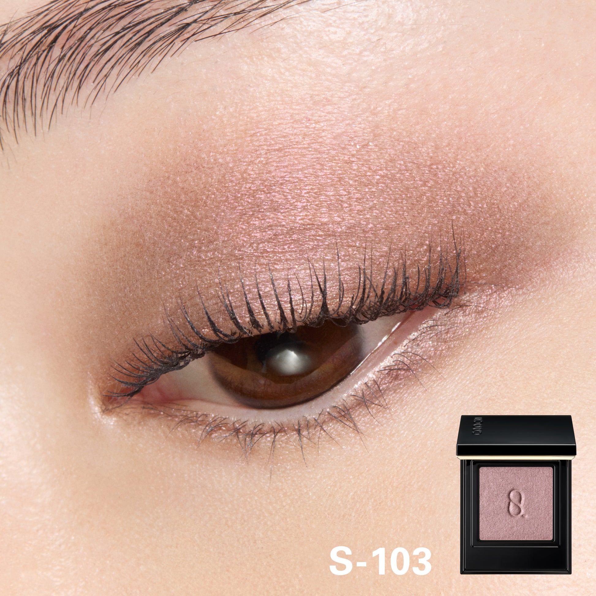 SUQQU Mono Look Eyes S-103 glitter smoky rose eyeshadow with model wear eye close up colour swatch.