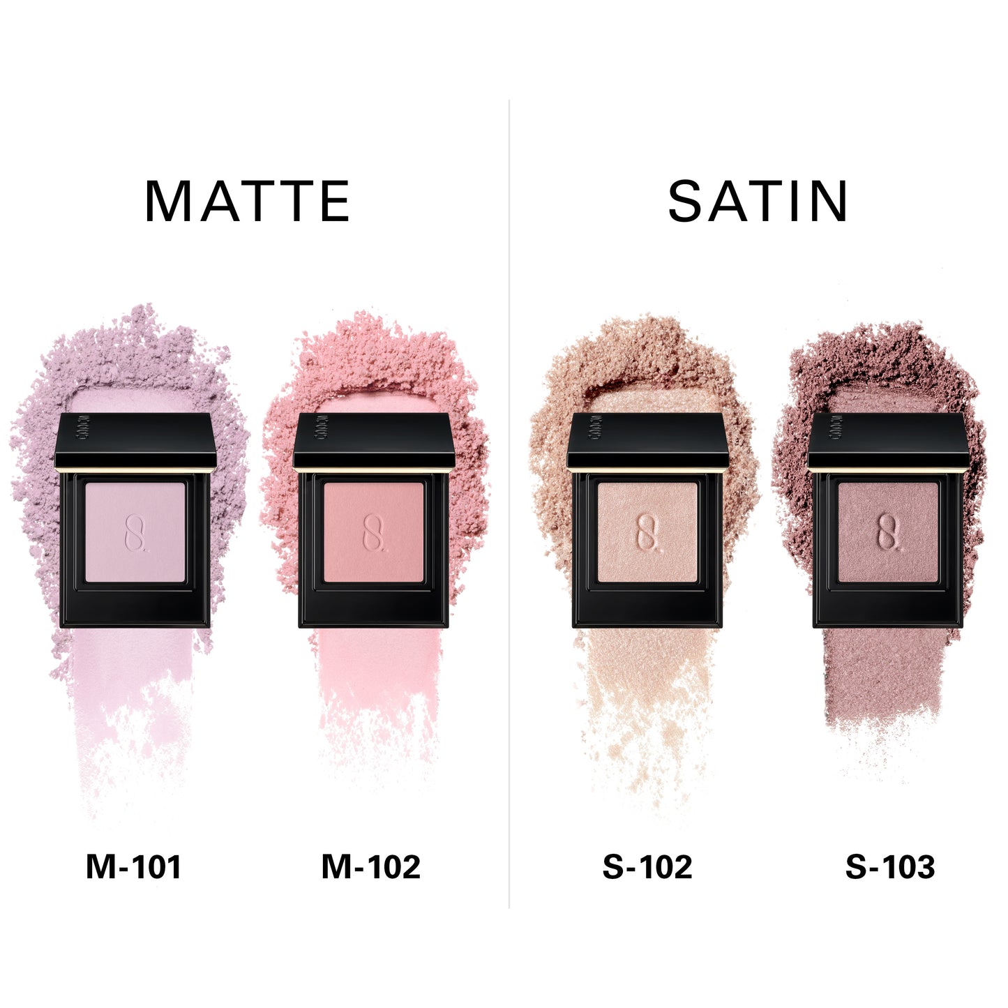 Four SUQQU Mono Look Eyes eyeshadow palettes two matte and satin colours. M-101, M-102, S-102, S-103 shades with texture swatch.
