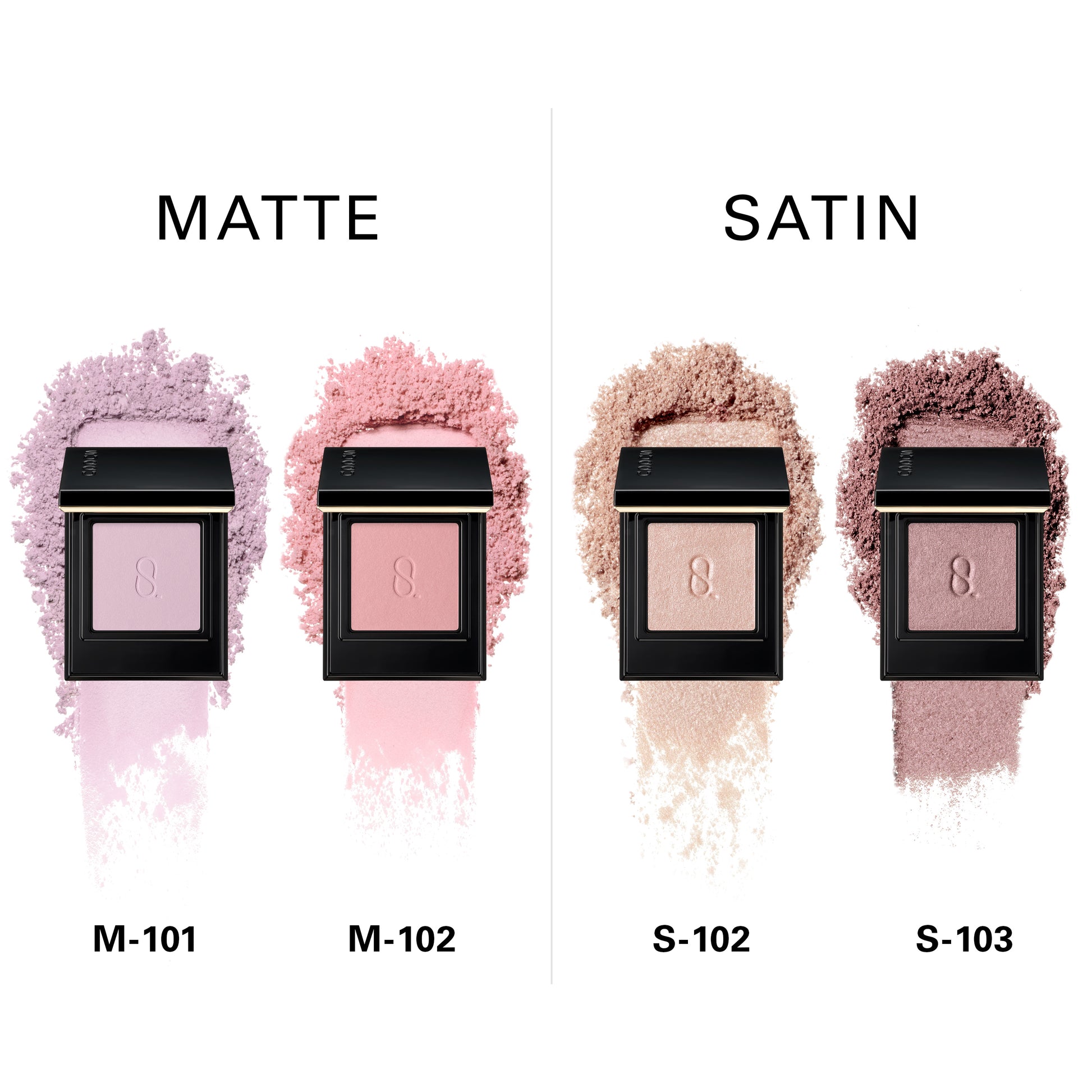 Four SUQQU Mono Look Eyes eyeshadow palettes two matte and satin colours. M-101, M-102, S-102, S-103 shades with texture swatch.