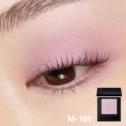 SUQQU Mono Look Eyes M-101 matte purple eyeshadow with model wear eye close up colour swatch.