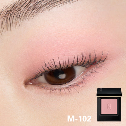 SUQQU Mono Look Eyes M-102 matte pink eyeshadow with model wear eye close up colour swatch.