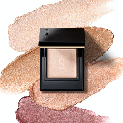 SUQQU Mono Look Eyes e Mellow Shine single colour gel shine eyeshadow open with four colour texture swatches background