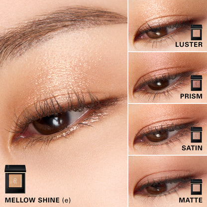 SUQQU Mono Look Eyes eyeshadow texture wear on eye close ups. Guide to radiance levels: Mellow Shine (e), Luster, Prism, Satin and Matte.