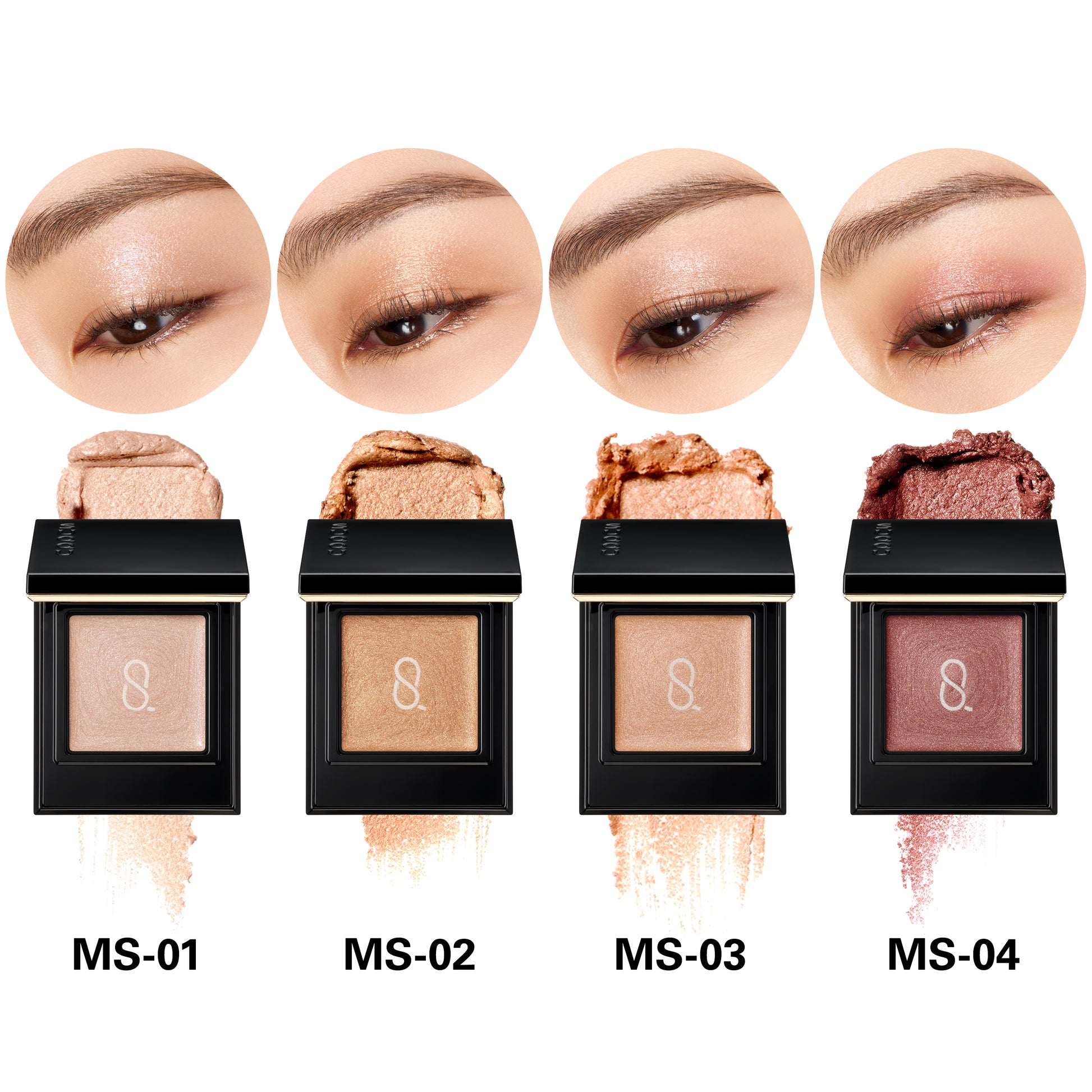 Four SUQQU Mono Look Eyes e Mellow Shine single colour eyeshadows open with texture swatch and model eye close up