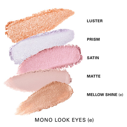 Five SUQQU Mono Look Eyes (e) texture swatches. Luster, Prism, Satin, Matte and Mellow Shine (e)