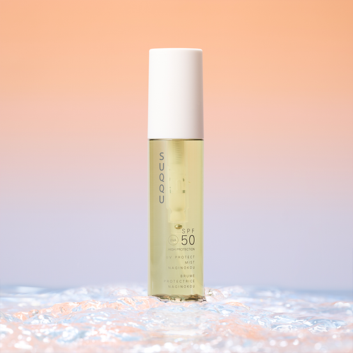 SUQQU UV Protect Mist Naginokou SPF50 UVA High Protection Japanese reliable high quality spray bottle product on colourful background with bubbles