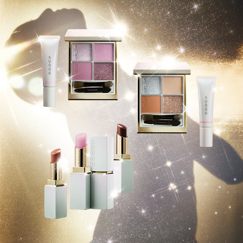 SUQQU 2025 Holiday Collection sparkling light and model silhouette background. Overlayed with two seasonal makeup kits of quad eyeshadows with liquid blushers and a group of three lipsticks.
