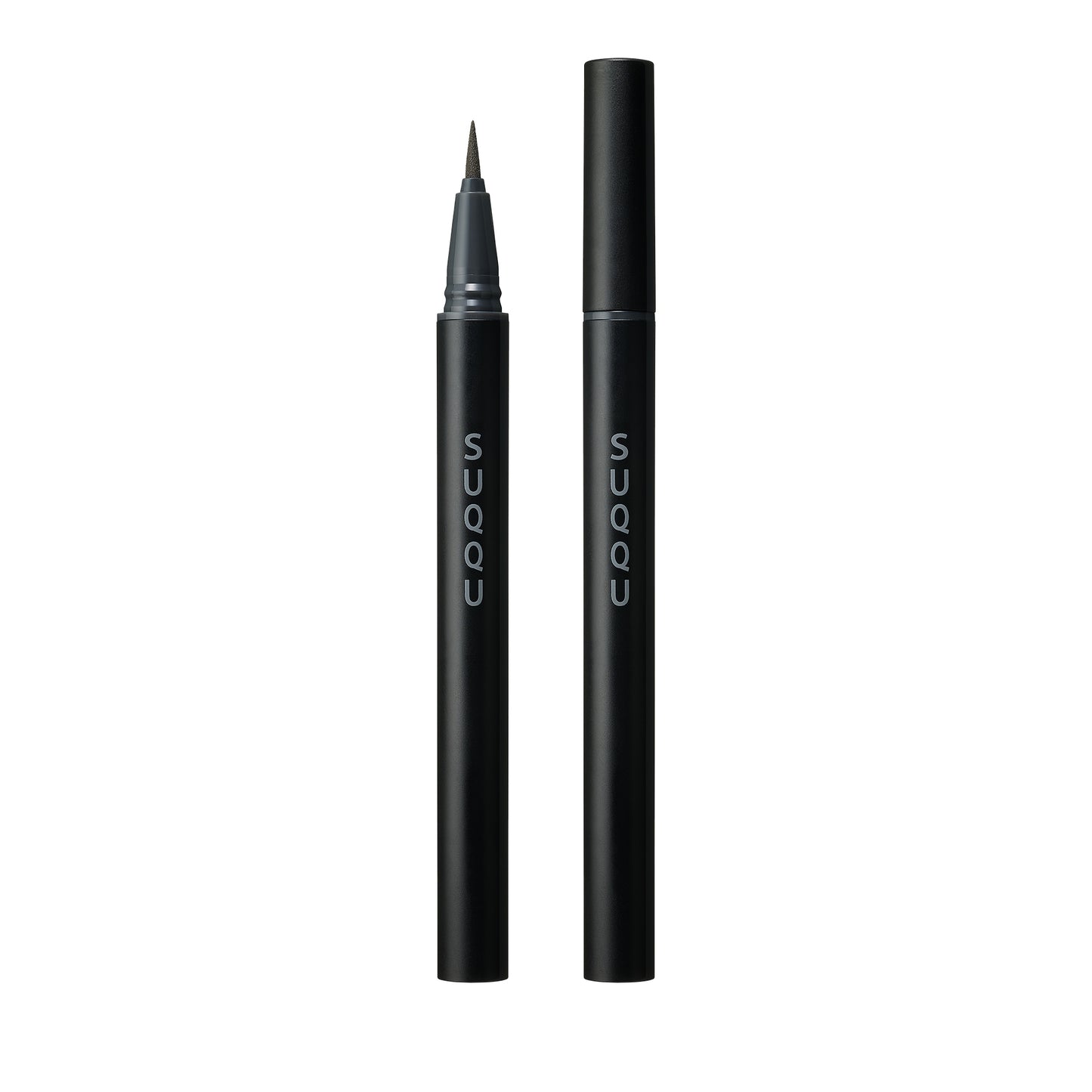SUQQU Nuance Eyeliner Pen 01 Black make up eyeliner product on plain background showing cap on and off with felt tip.