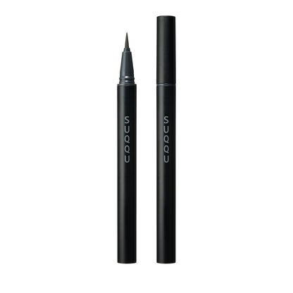 SUQQU Nuance Eyeliner Pen 01 Black make up eyeliner product on plain background showing cap on and off with felt tip.