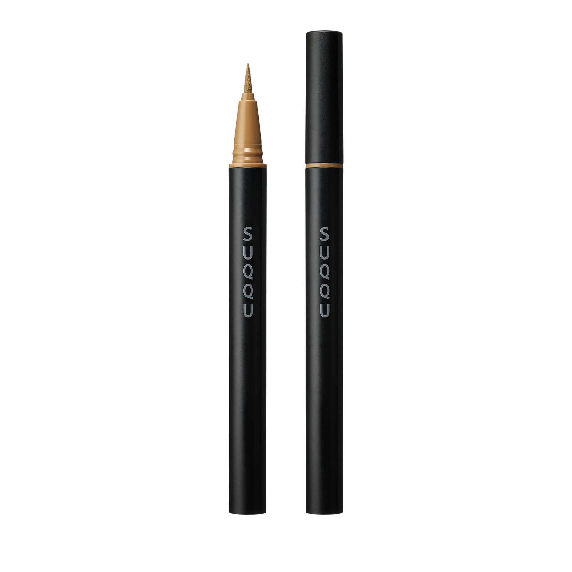 SUQQU Nuance Eyeliner Pen 02 Light brown make up eyeliner product on plain background showing cap on and off with felt tip.
