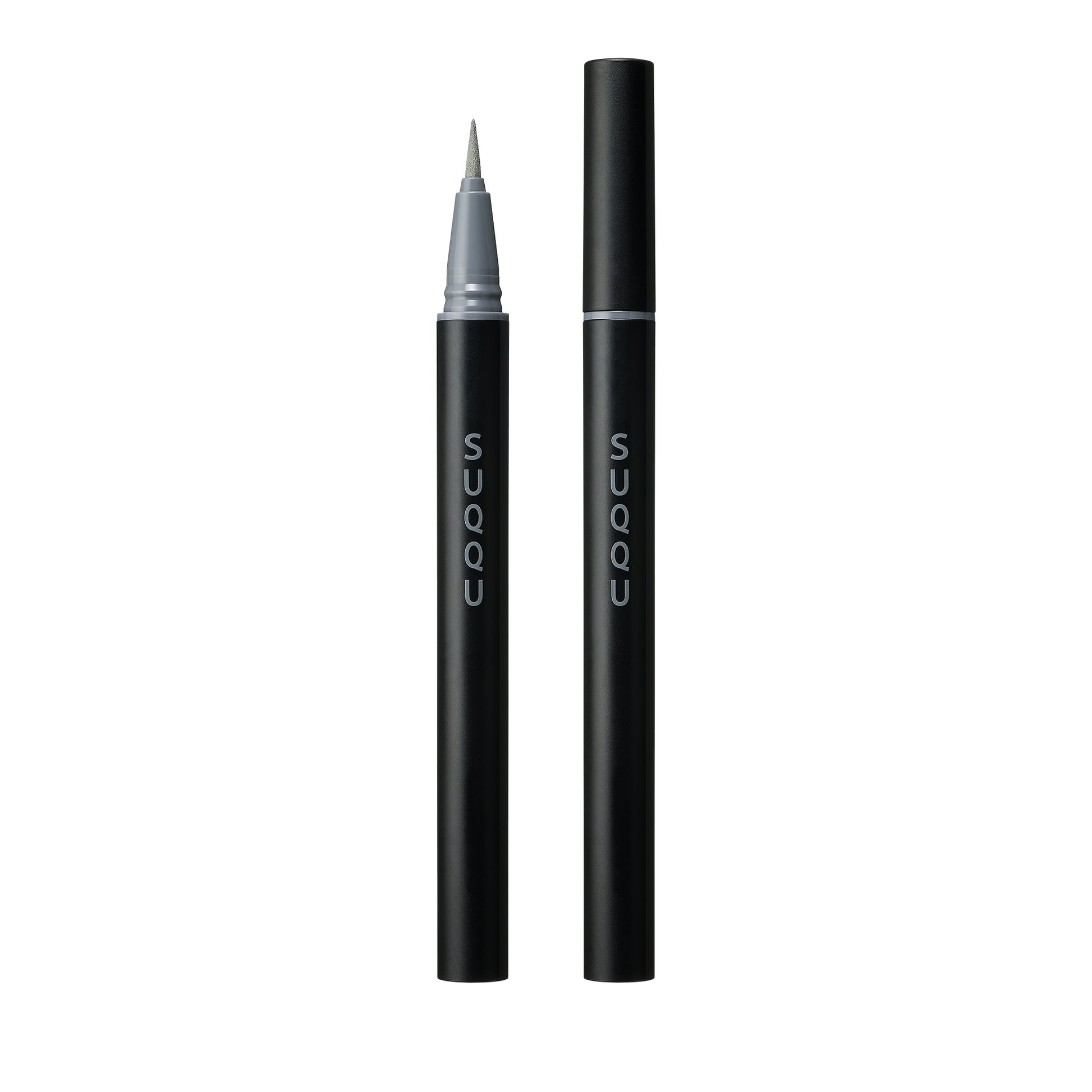 SUQQU Nuance Eyeliner Pen 03 Grey make up eyeliner product on plain background showing cap on and off with felt tip.