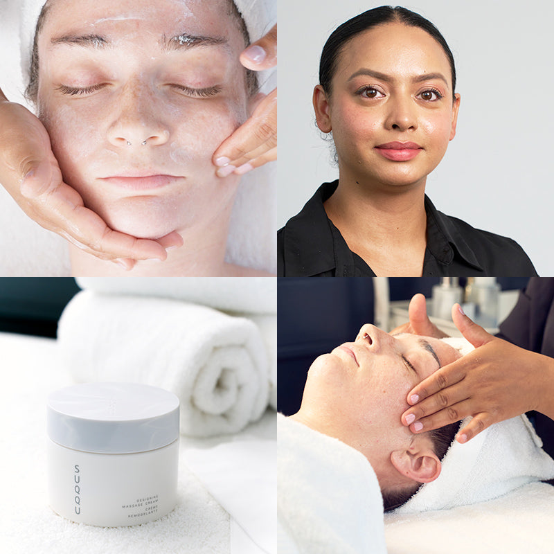Four image grid of model and practioner performing facial massage routine. With skincare products and rolled towels.