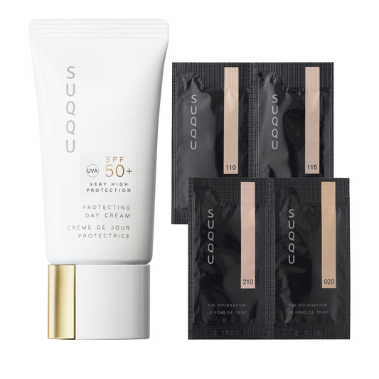 SUQQU Protecting Day Cream 30g SPF 50 UVA/UVB protection skincare tube with four foundation sample sachets.