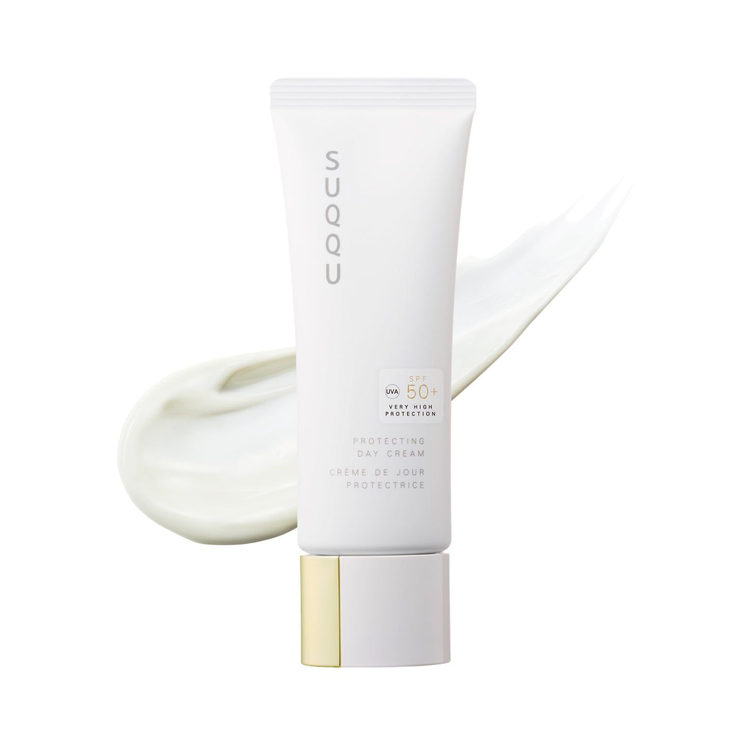 SUQQU Protecting Day Cream 50g SPF50 product tube of the best Japanese sun cream with cream texture background