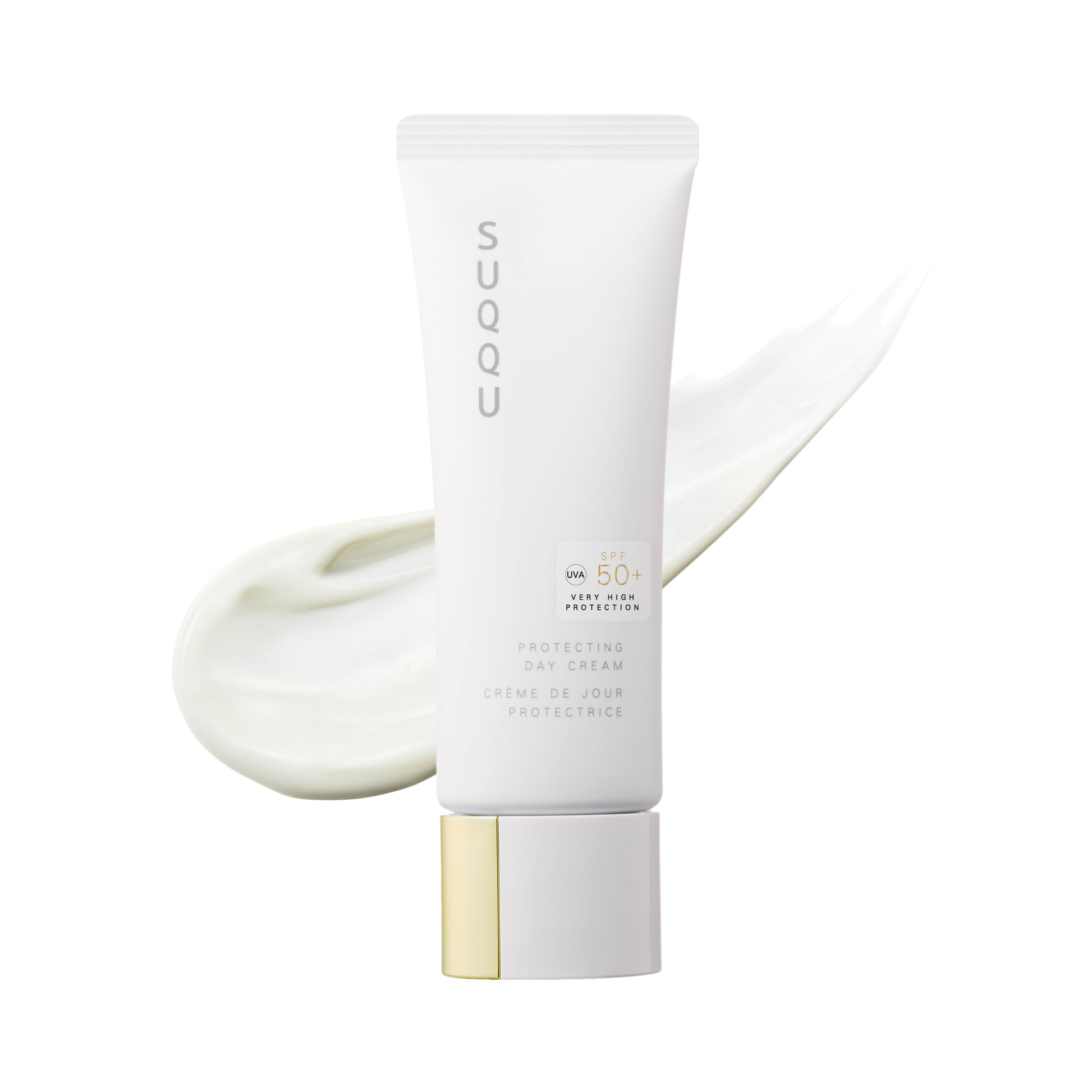 SUQQU Protecting Day Cream 50g SPF50 product tube of the best Japanese sun cream with cream texture background