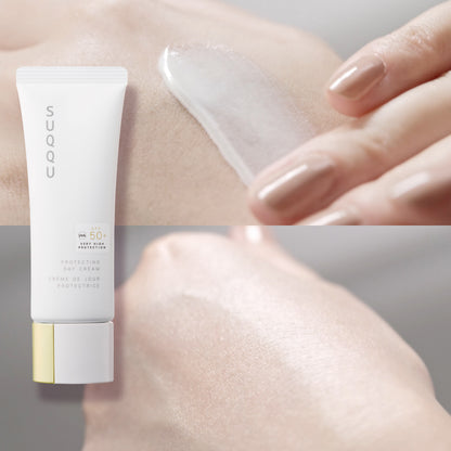 SUQQU Protecting Day Cream 50g SPF50 product tube of the best Japanese sun cream with model applying on the back of the hand to show invisible glowing sun protection.