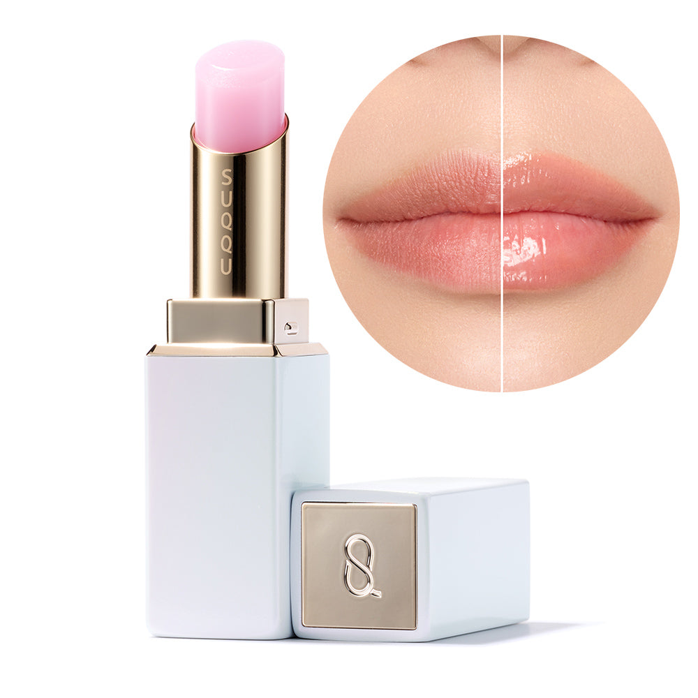 SUQQU Moisture Glaze Lipstick 00 refill in Moisture Glaze Lipstick Case e with cap open and model lips showing colour finish.