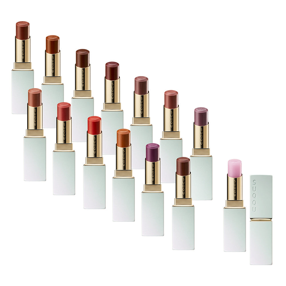 SUQQU Moisture Glaze Lipstick refill range of 14 colours in Moisture Glaze Lipstick Case e with cap open.