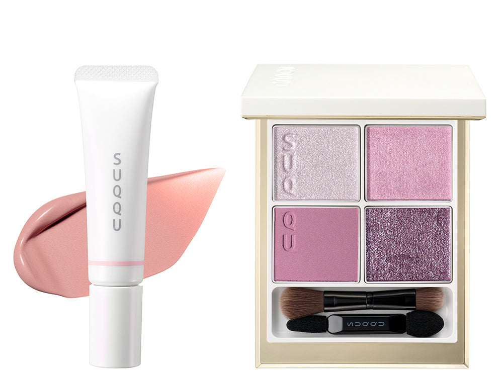 SUQQU 2025 Holiday Collection makeup kit Shunka showing pink toned quad eyeshadow palette, soft pink liquid blush tube with texture colour swatch background.