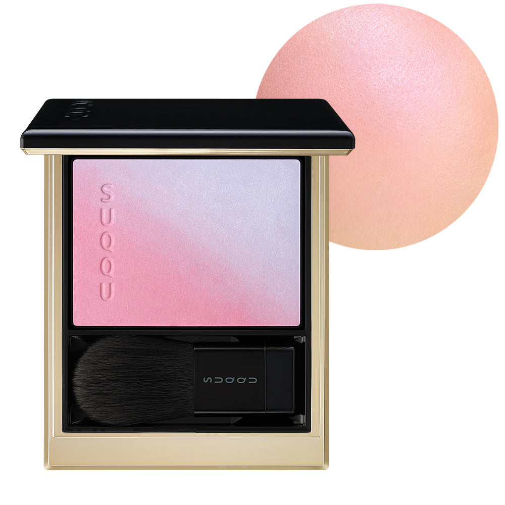 SUQQU Blurring Color Blush 113 cheek blusher palette product on white background with model cheek closeup.