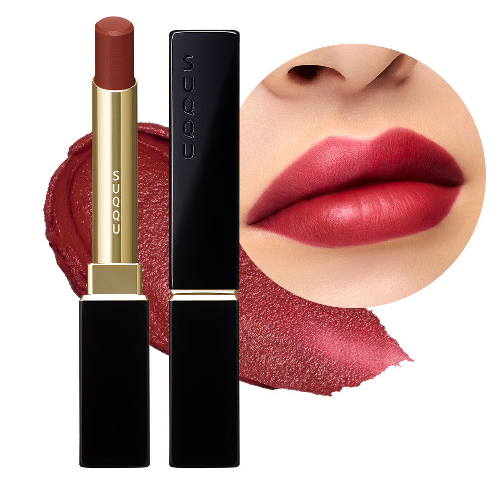 SUQQU Velvet Fit Lipstick 106 products with colour texture swatch in the background and lip model closeup. 