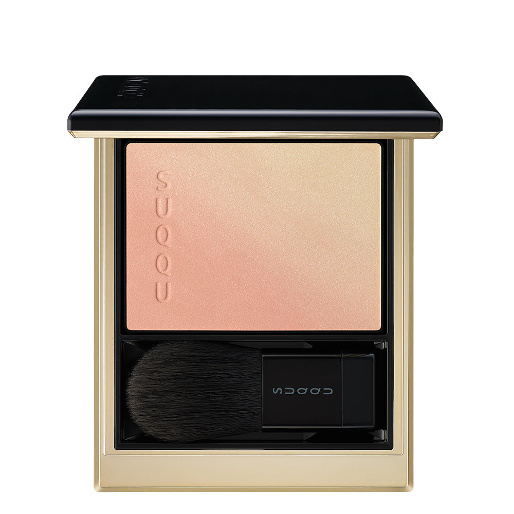 SUQQU 2026 Pre-Summer Collection Blurring Color Blush 115 palette open showing cheek blusher and highlighter in beautiful coral and yellow gold colour.
