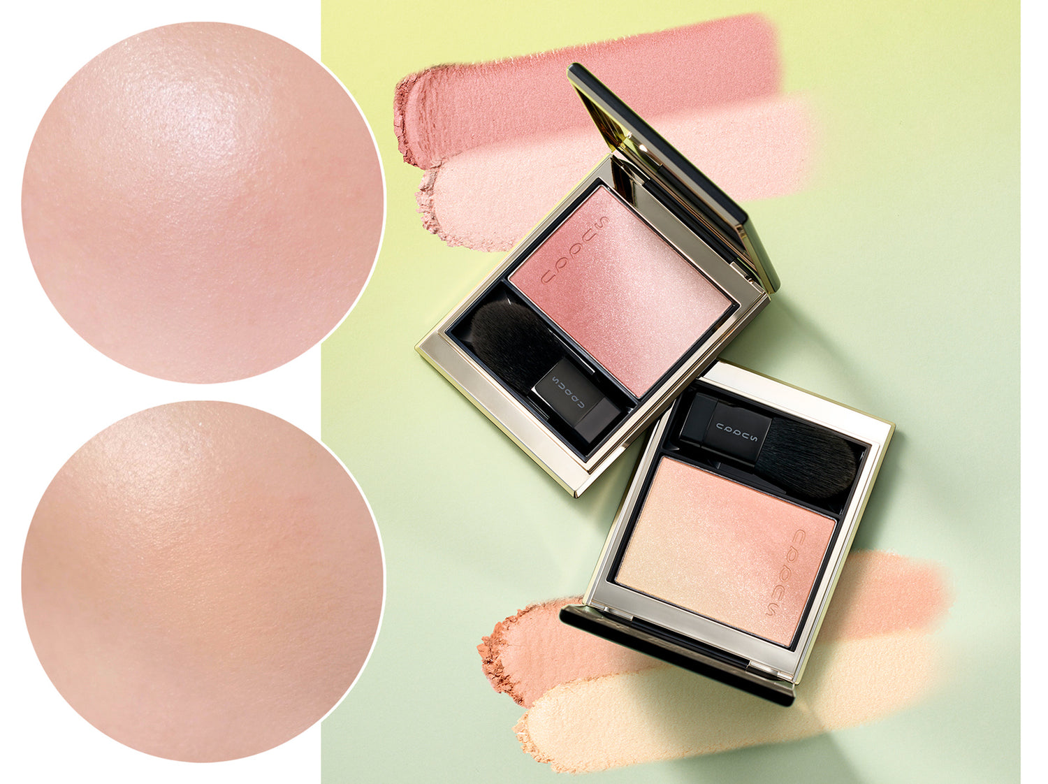 SUQQU 2026 Pre-Summer Collection two Blurring Color Blush cheek blusher and highlighter palettes in stunning pink 114 and flattering coral gold 115 open with cheek wear close up and colourful texture swatches.