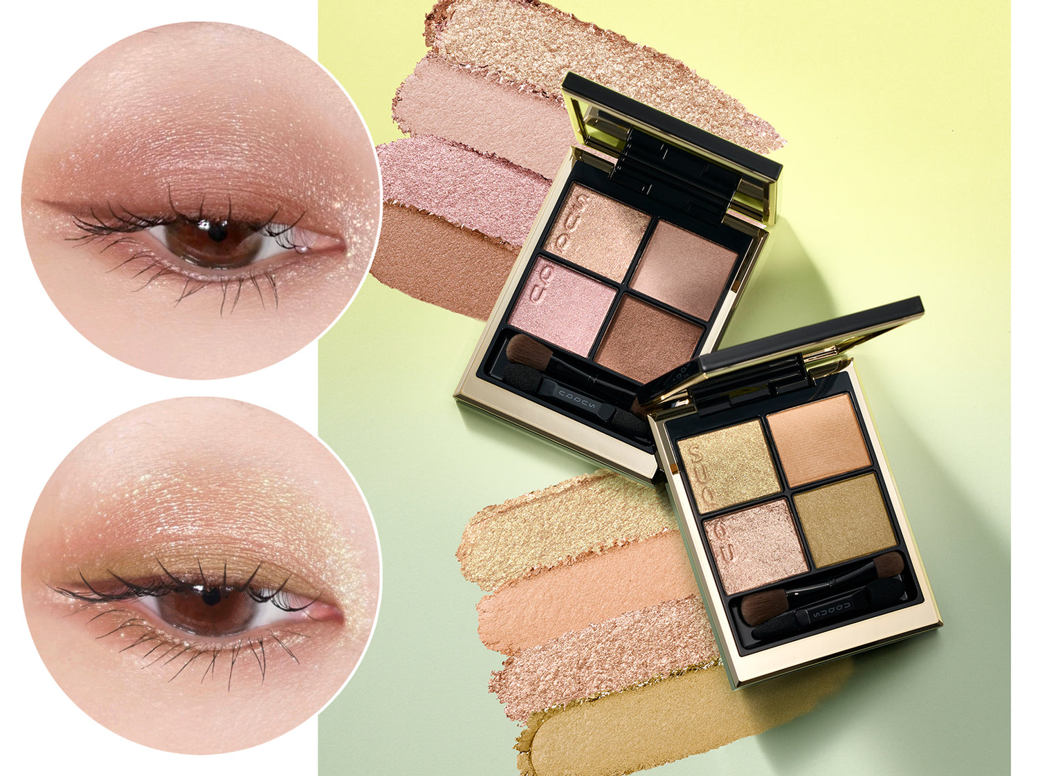 SUQQU 2026 Pre-Summer Collection two Signature Color Eyes eyeshadow palettes in beautiful brown beige 152 and gold green 153 tones open with eye wear close up and colourful texture swatches.