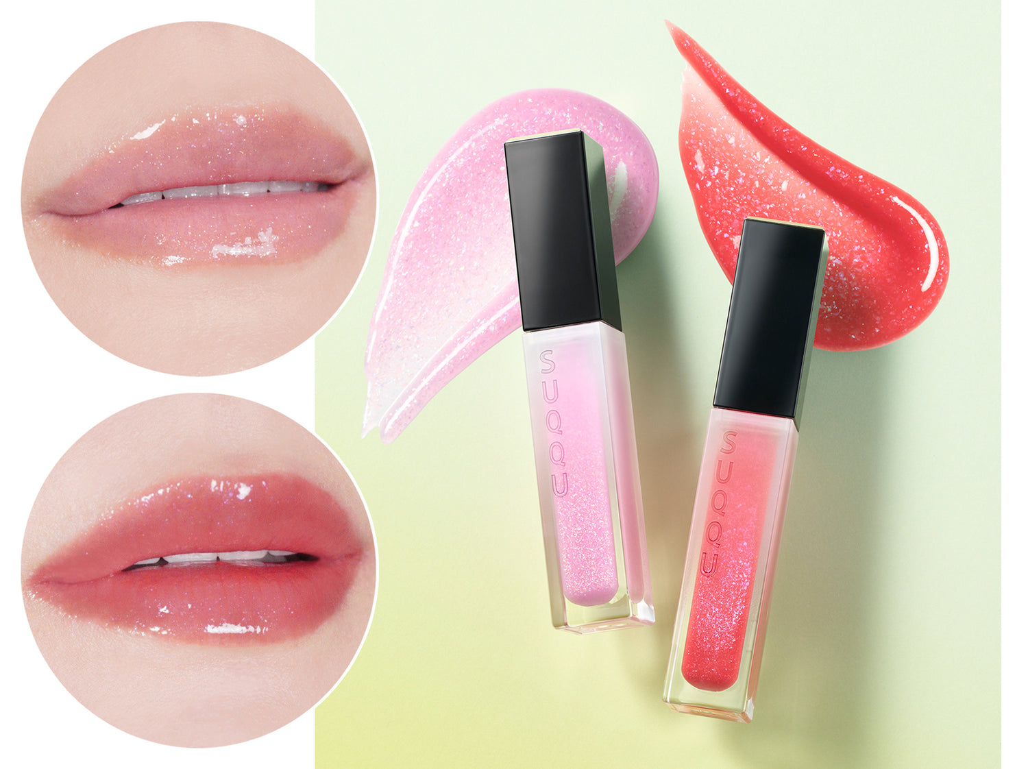 SUQQU 2026 Pre-Summer Collection two Treatment Wrapping Lip colour lip gloss lipsticks in sparkle clear shine pink tone and sparkling red glitter tone, open with lip wear close up and colourful glittery texture swatches.