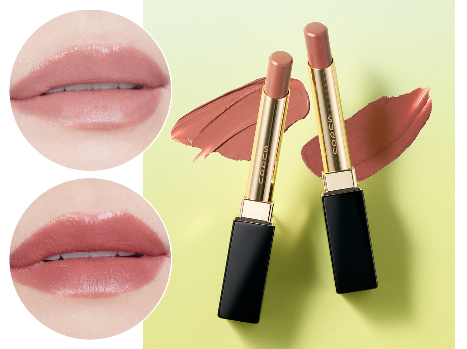 SUQQU 2026 Pre-Summer Collection two trendy thin Velvet Fit Lipsticks in beautiful rose coral 107 and classy rose red 108 tones open with lip wear close up and colourful texture swatches.