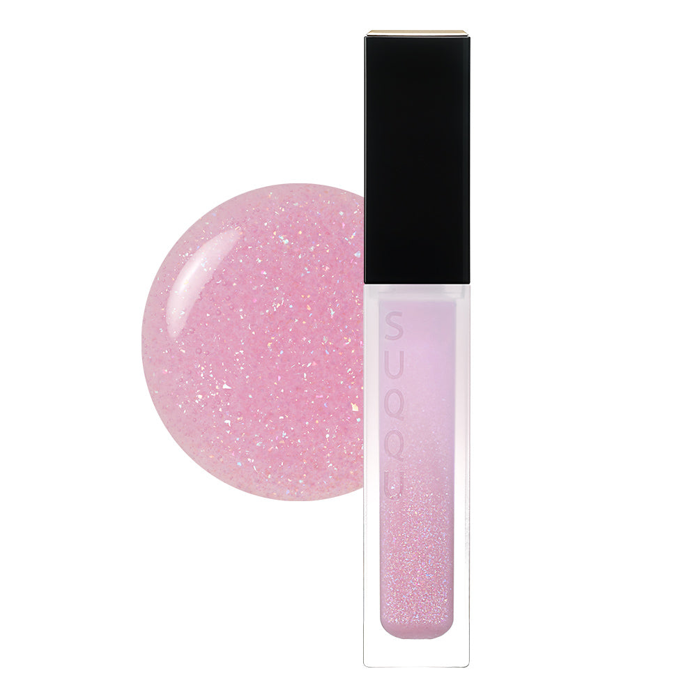 SUQQU 2026 Pre-Summer Collection Treatment Wrapping Lip 109 sheer colour lip gloss lipstick in sparkle clear shine pink tone open with colourful glittery texture swatches.